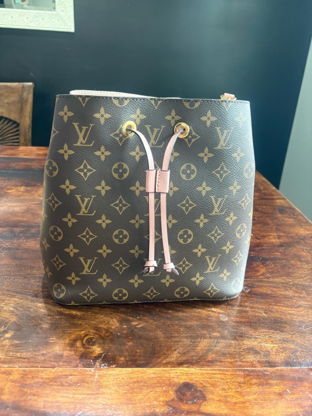 Louis Vuitton Monogram Nano Noé Bucket Bag in Brown with Pink Trim
